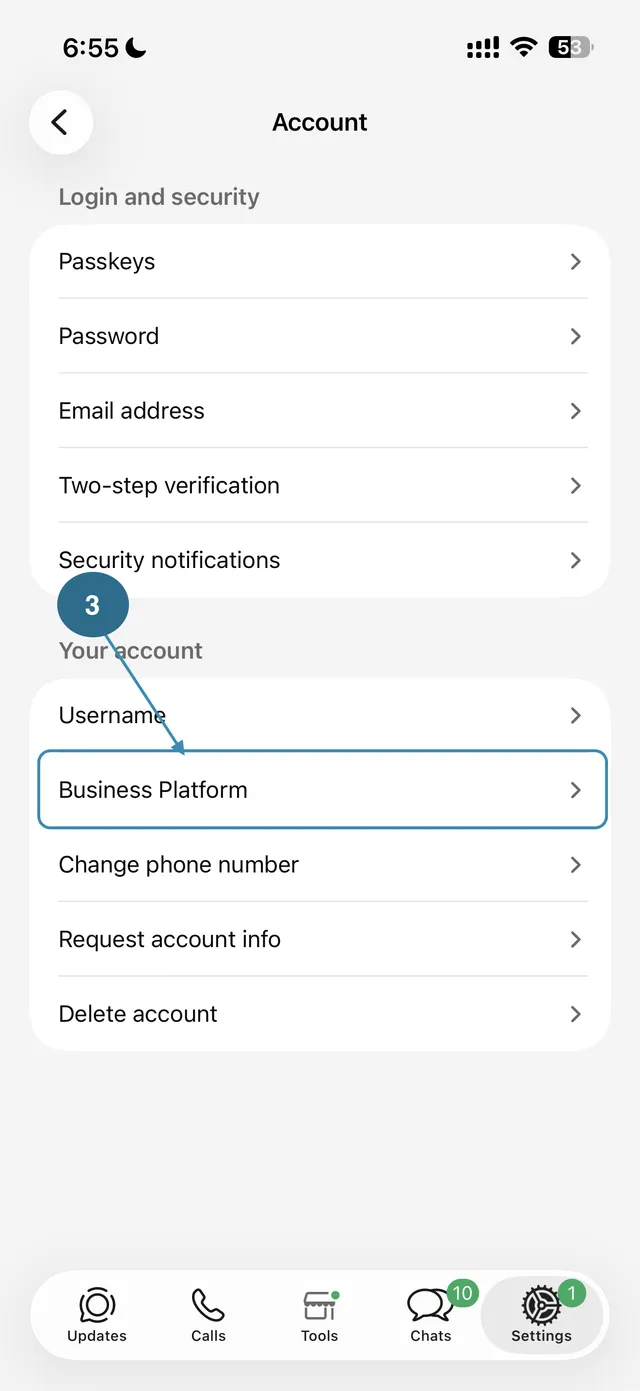 Under Your account, tap Business Platform.