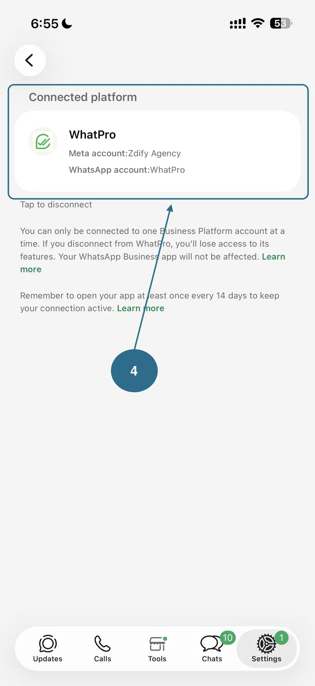 Tap the account shown under Connected platform.